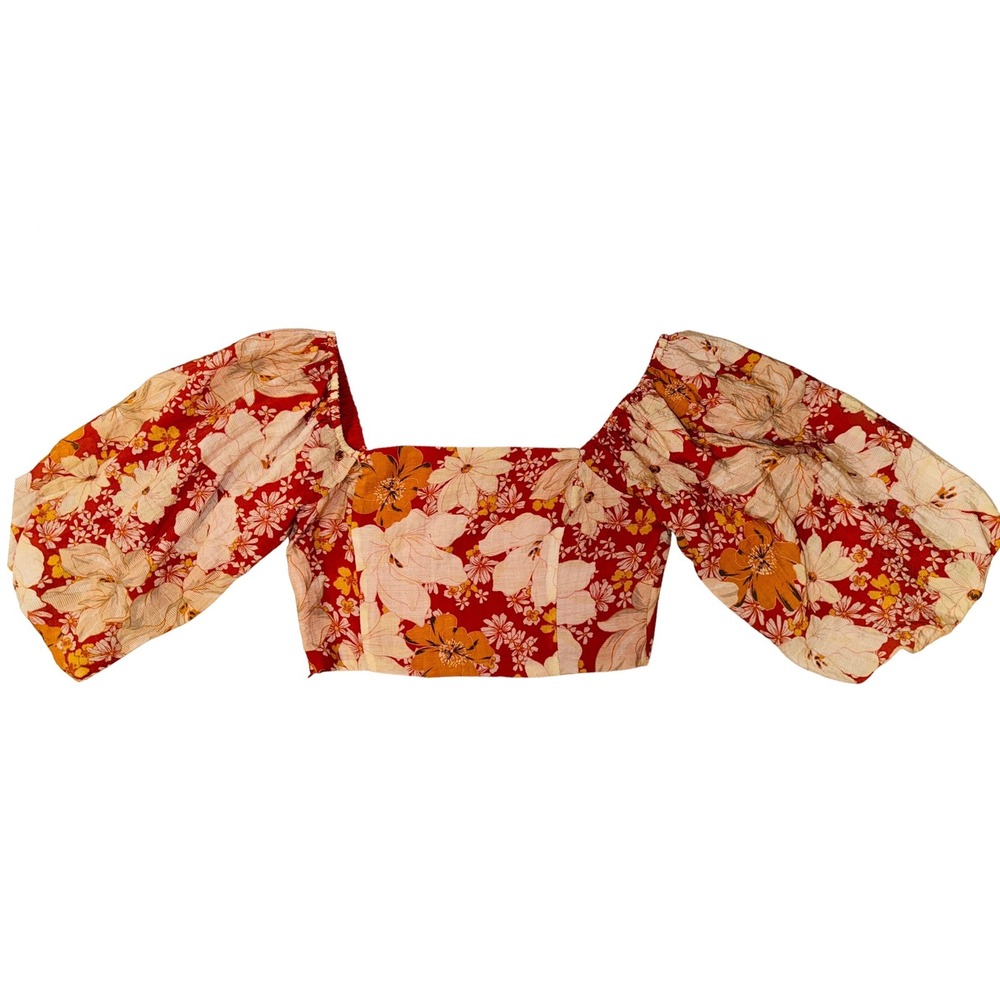 MINKPINK Floral‎ Smocked Crop Top Square Neck Puff Sleeve Red Orange